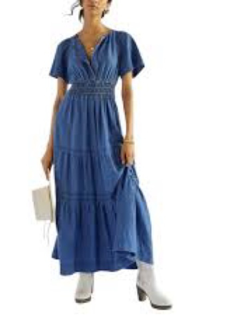 Maeve Anthropologie Blue Cotton Denim V-Neck Tiered Maxi Dress Women’s Large